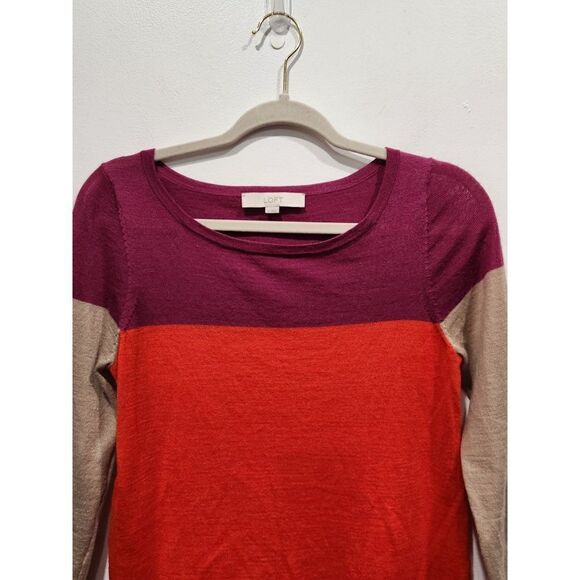 Loft Lightweight Wool Blend Colorblocked 3/4 Sleeve Crew Neck Sweater, S - Picture 2 of 6